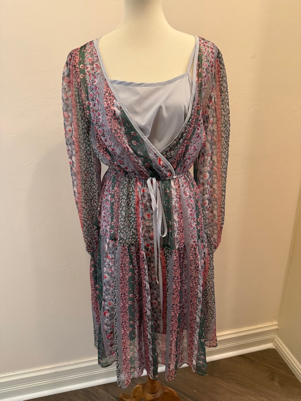 Floral Stripe Wrap Midi Dress in Pink and Green